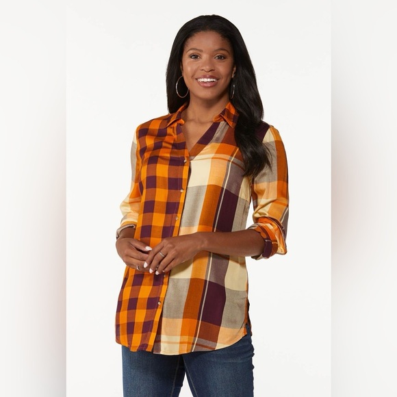 Cato vibrant plaid button down shirt casual summer spring lightweight shirt Gold - Picture 1 of 7